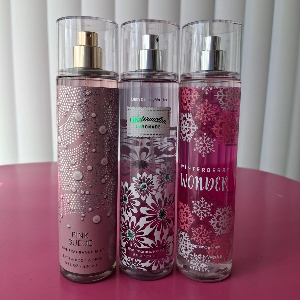 Bath & Body Works PINK SUEDE WATERMELON LEMONADE WINTERBERRY WONDER Mist 8oz Set
